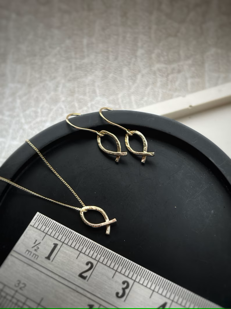 Solid 9ct gold handmade hammered fish drop dangle earrings