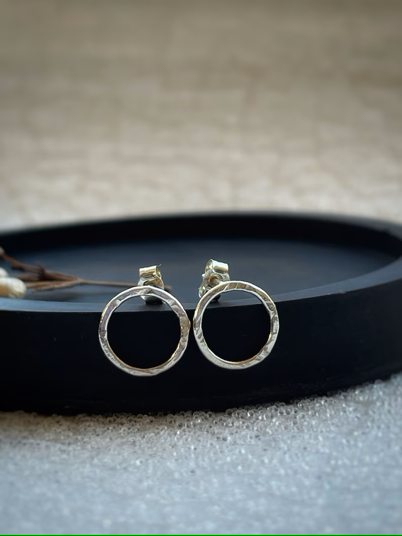Solid white 9ct gold circle studs, handmade hammered texture-10mm