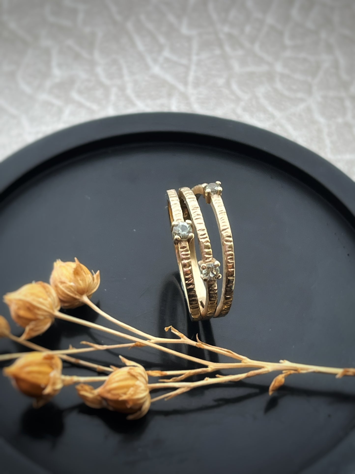 Solid 9ct Recycled Gold & Natural Green Sapphire Triple Band Ring – Handmade, Bark Textured, Hammered Gold Statement Ring