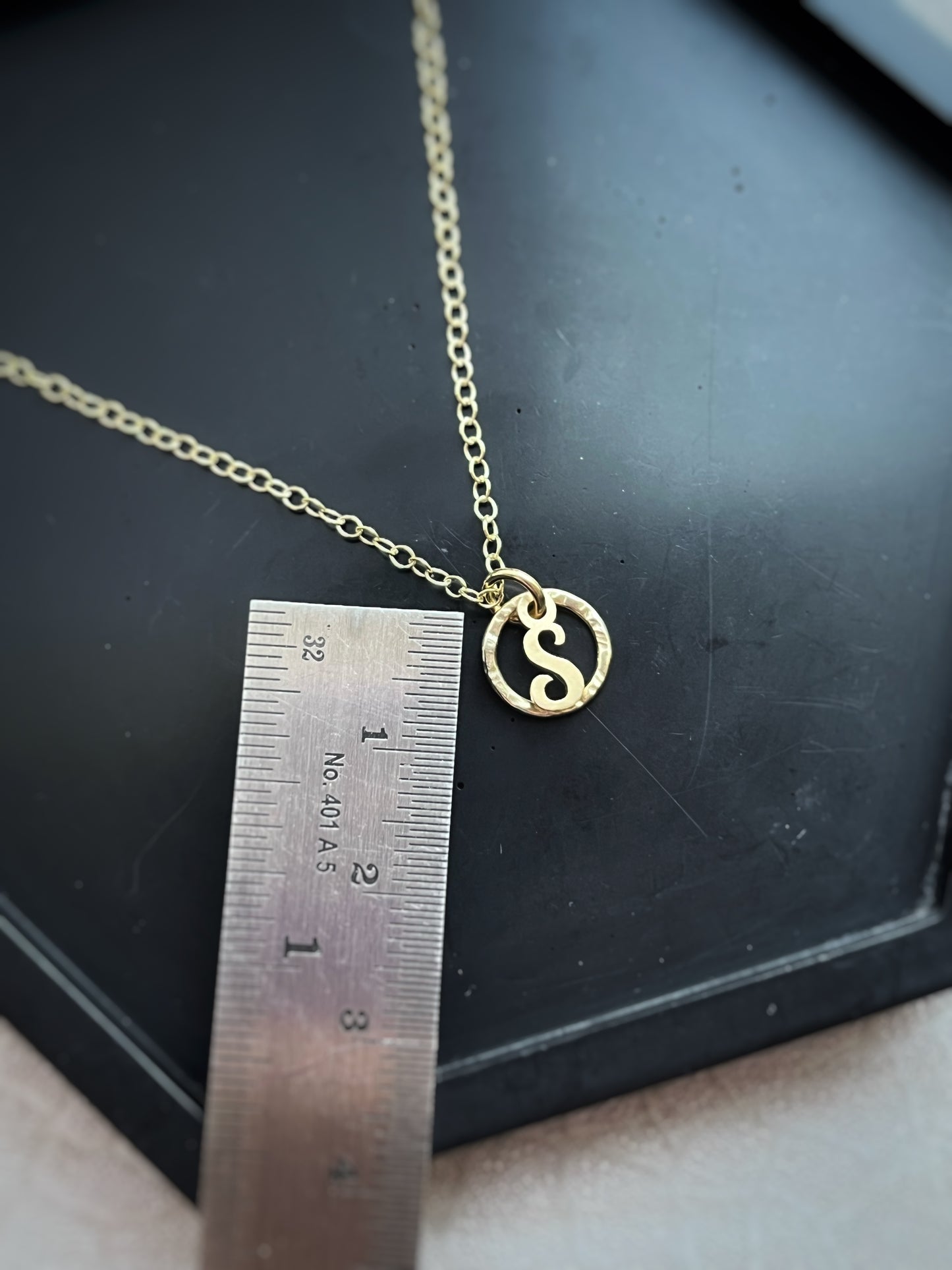 Solid 9ct gold personalised letter pendant in hammered hoop, handmade tree bark texture initial pendant inspired by nature on a solid gold chain