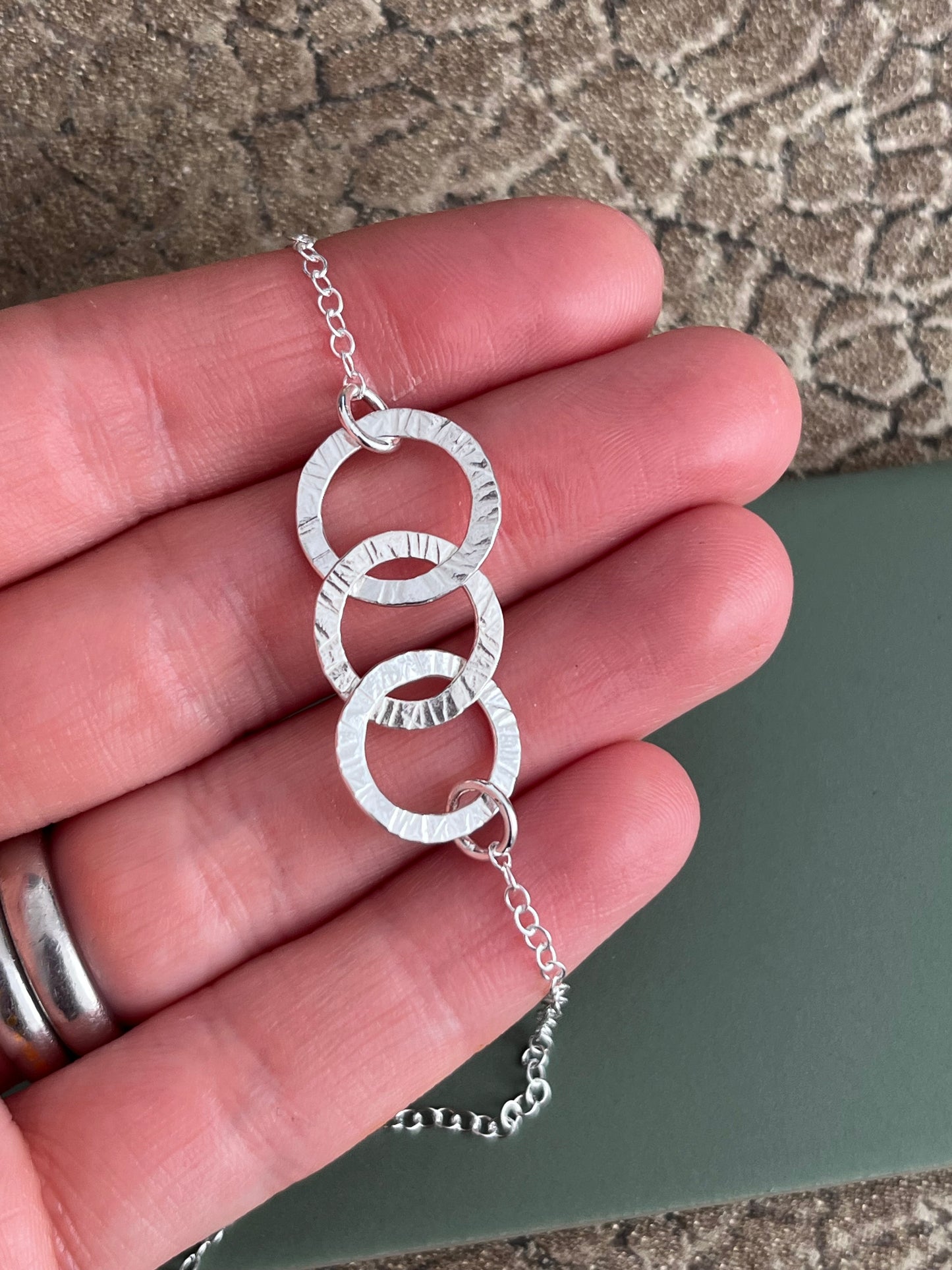 Sterling silver hammered triple interlocking 15mm hoop necklace