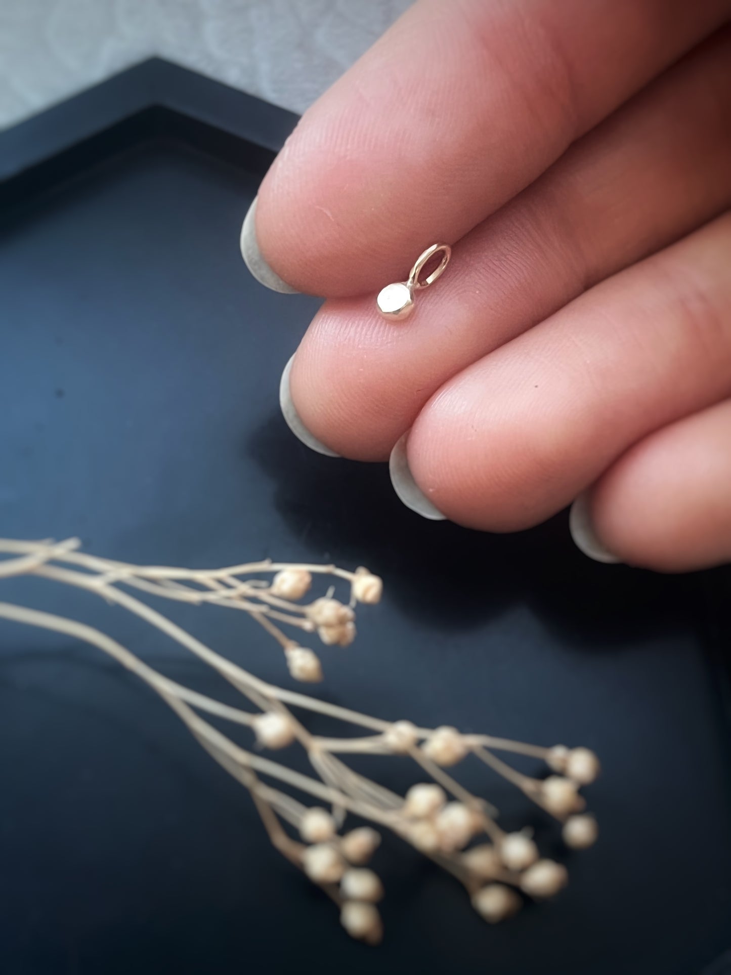 Solid 9ct gold tiny plain pebble pendant, recycled personalised stacking handmade necklace