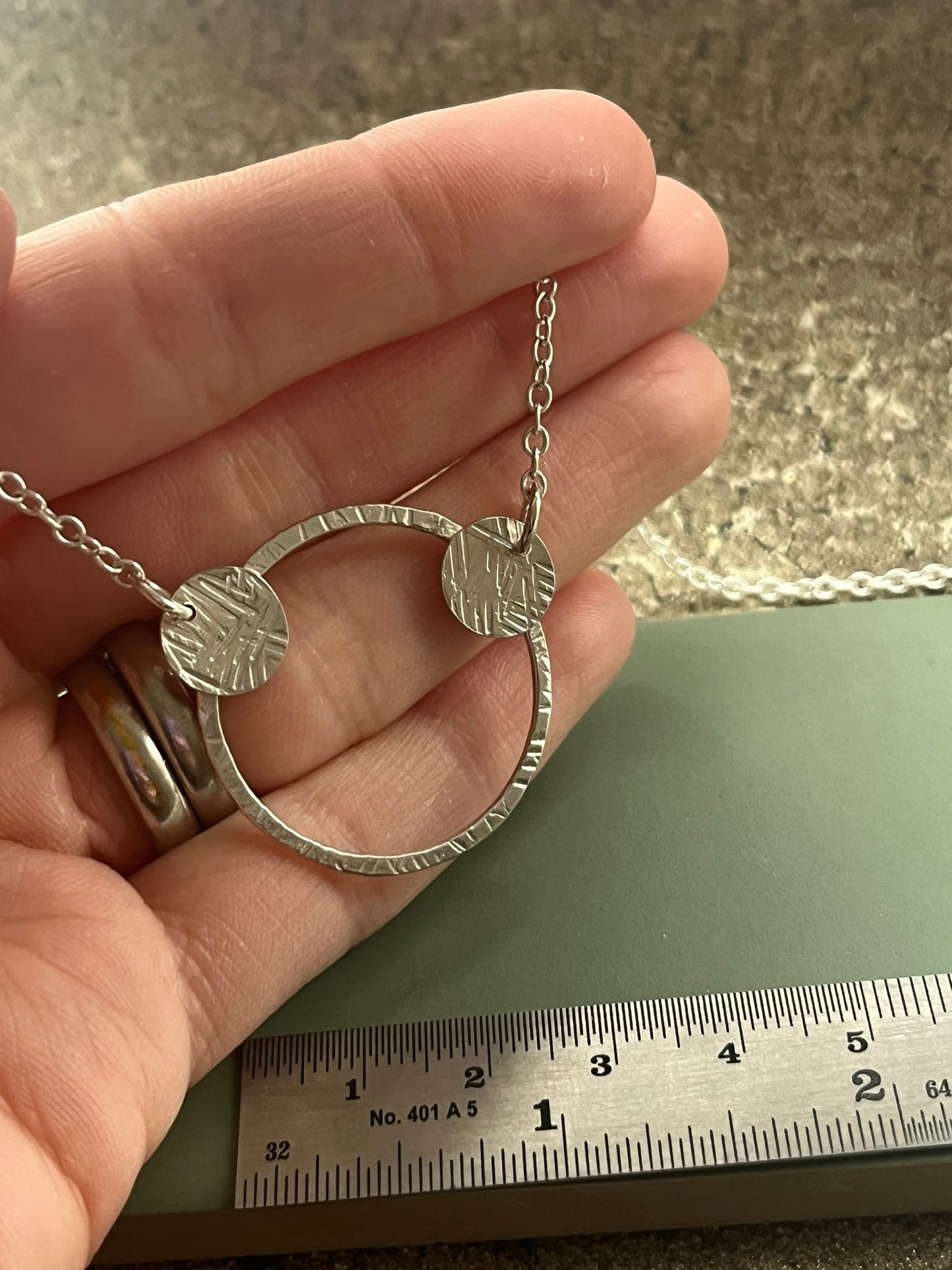 Sterling silver hammered hoop & 2 hammered disc necklace