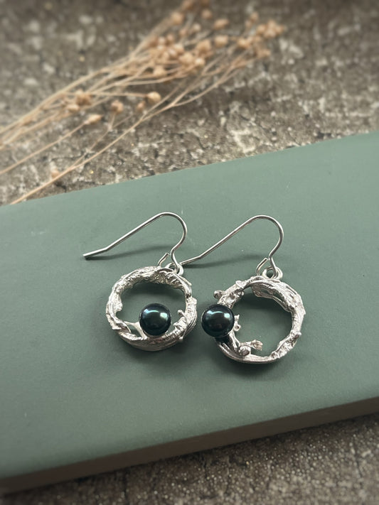 Melted sterling silver & fresh water peacock pearl earrings