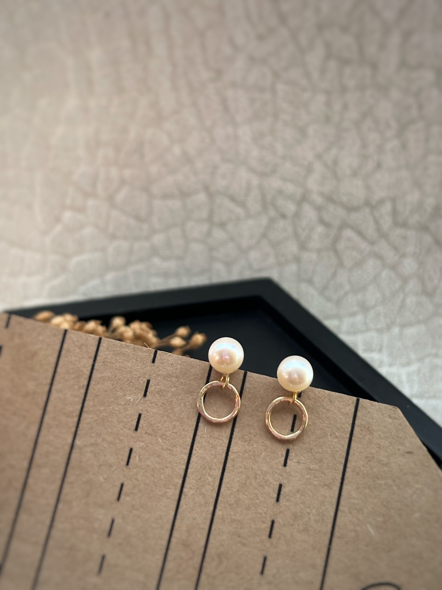 Simple solid 9ct yellow gold & fresh water white pearl bark texture dangly round 2 hoop earrings- 6mm hoop