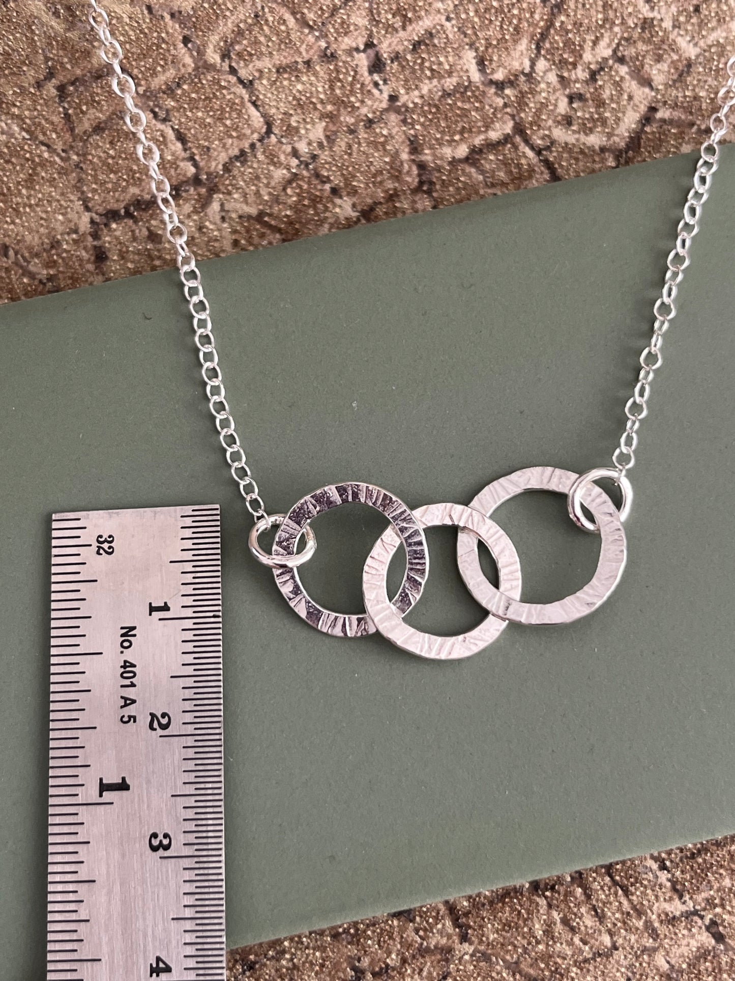 Sterling silver hammered triple interlocking 15mm hoop necklace