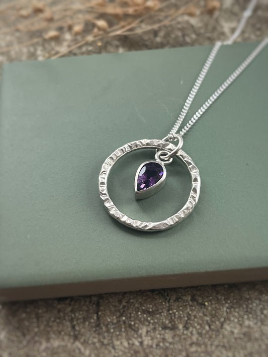 Amethyst pear shaped gemstone & hammered sterling silver hoop pendant