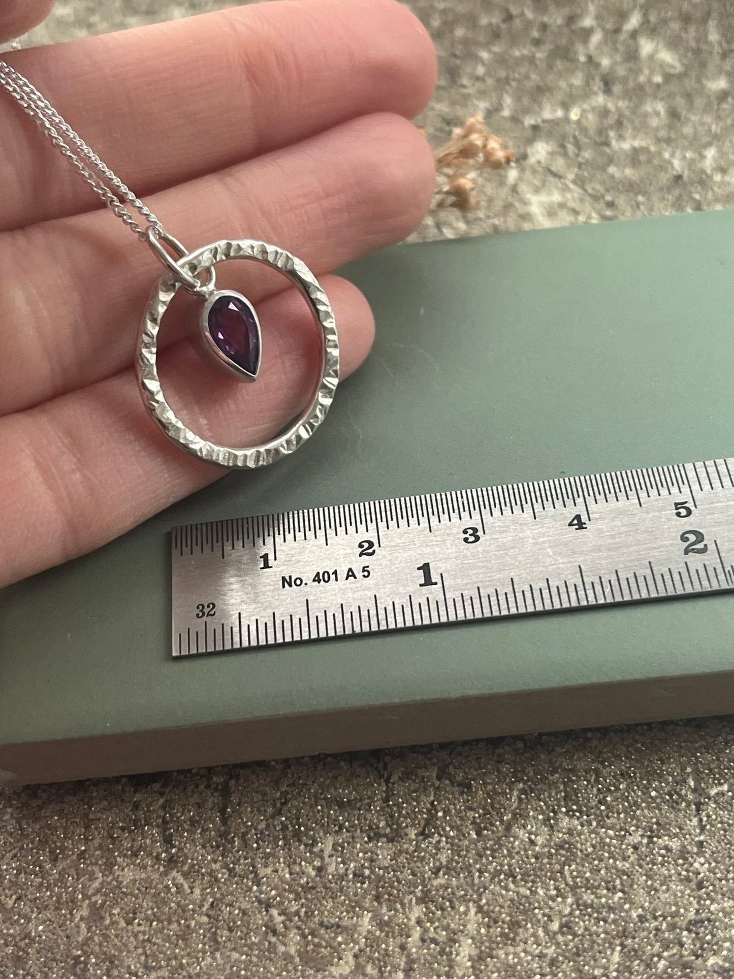 Amethyst pear shaped gemstone & hammered sterling silver hoop pendant