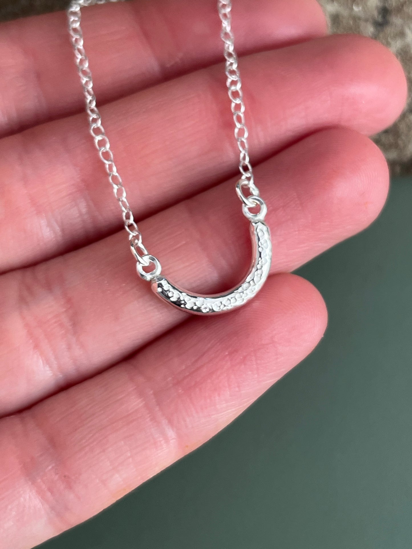 Sterling silver dimple textured curved chunky bar necklace