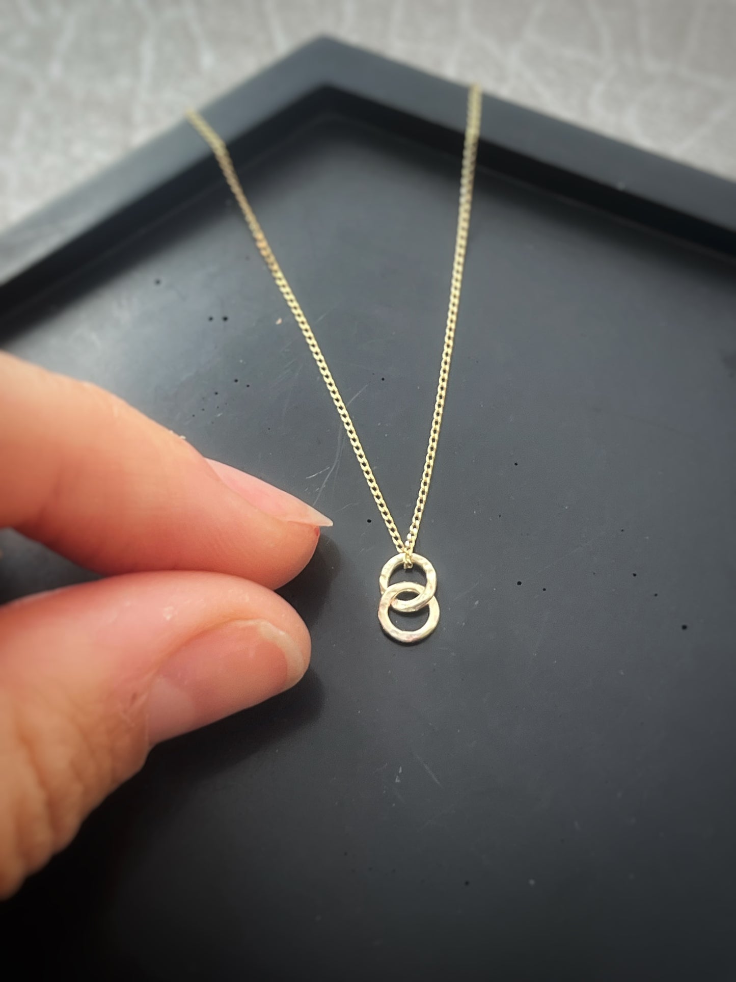 Solid 9ct yellow gold tiny interlocking double 5mm hammered hoop pendant, recycled small simple tree bark stacking hoop