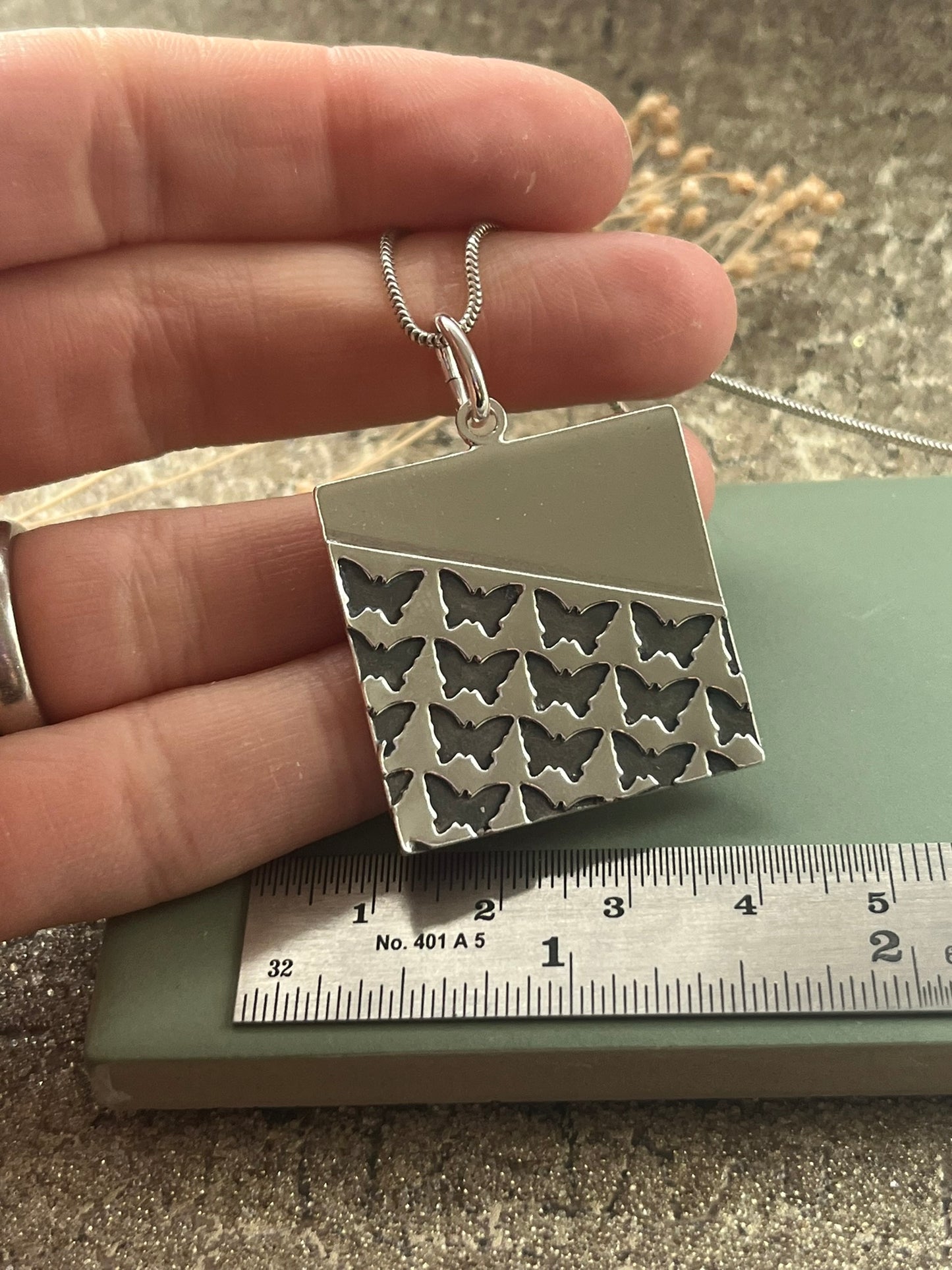 Square sterling silver butterfly pendant