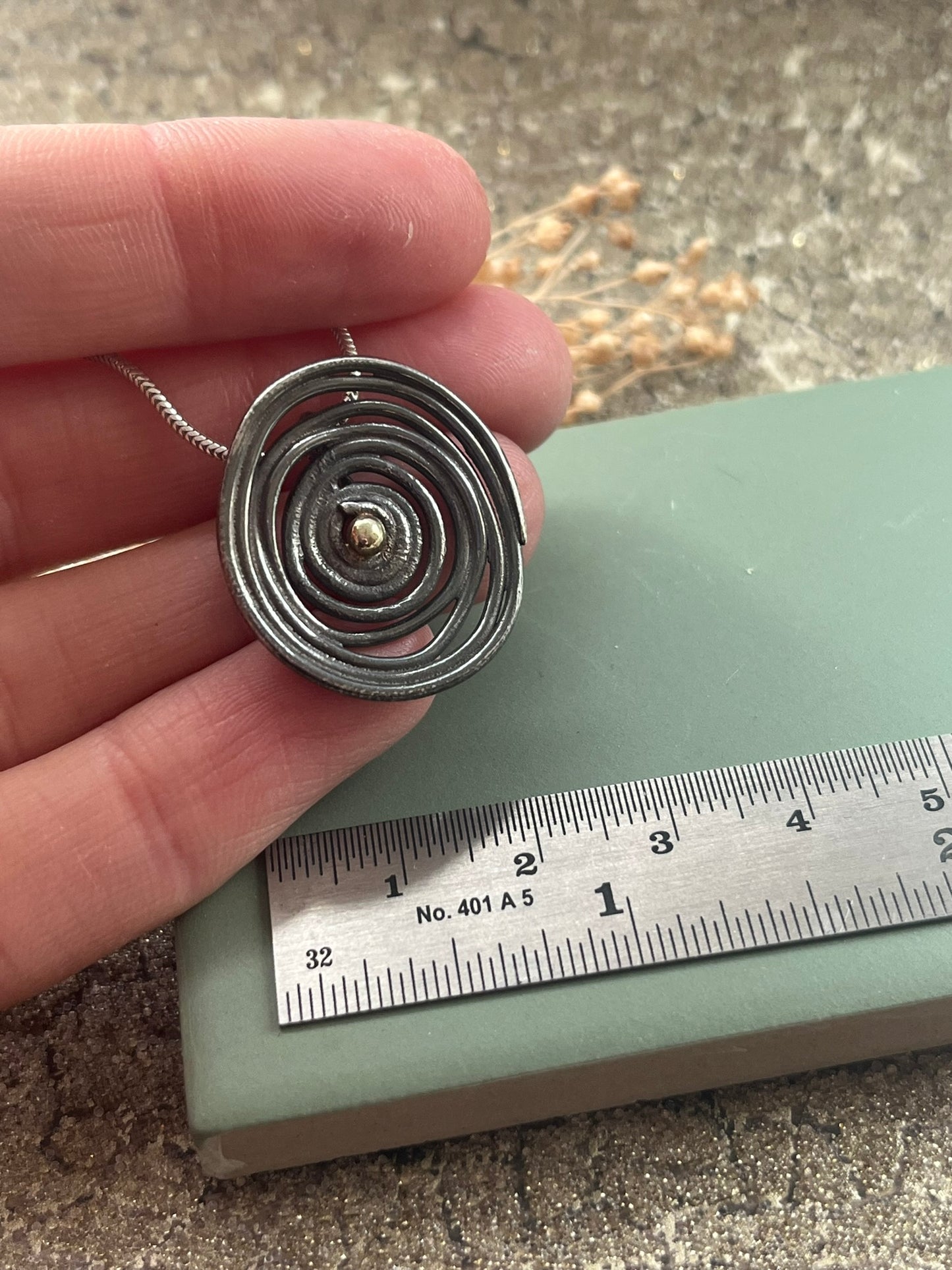 Oxidised blackened silver & 18ct gold swirl large pendant