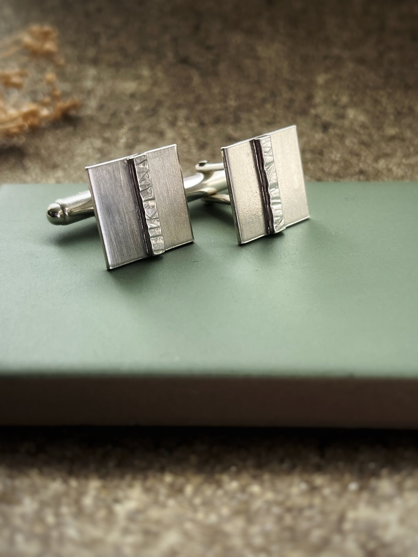 Hammered strip square sterling silver cufflinks
