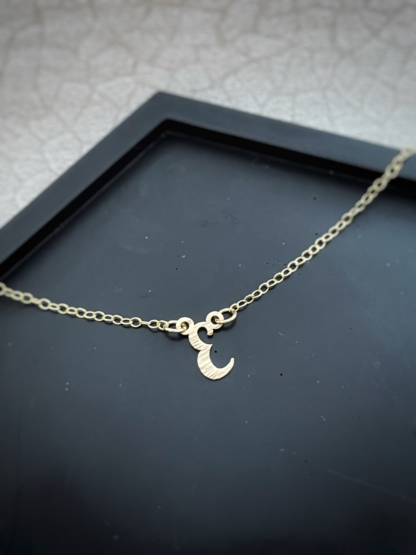 Solid 9ct gold personalised letter necklace, handmade hammered tree bark texture initial necklace inspired by nature on a solid gold chain