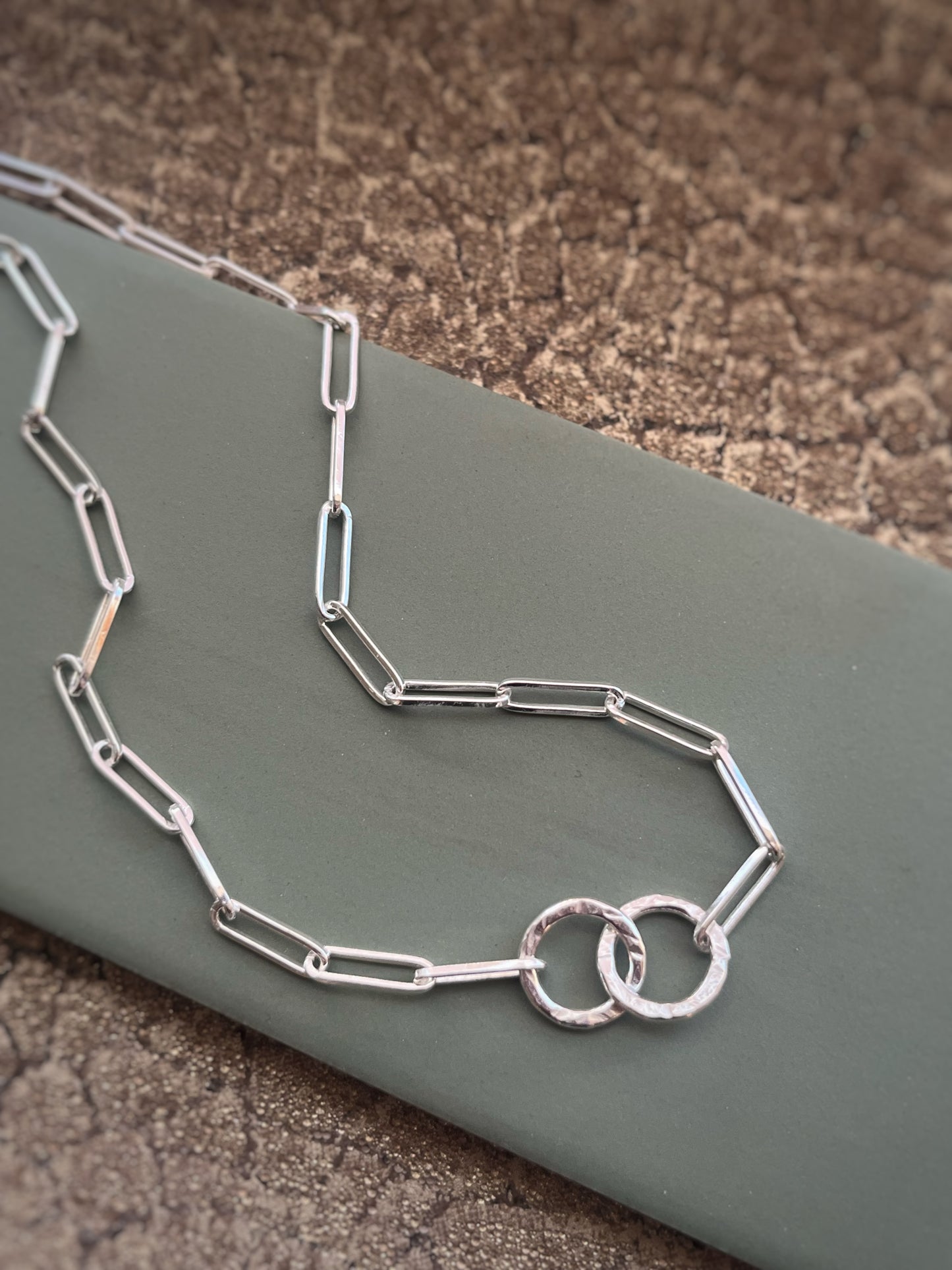 Textured hoop and paper clip link sterling silver necklace