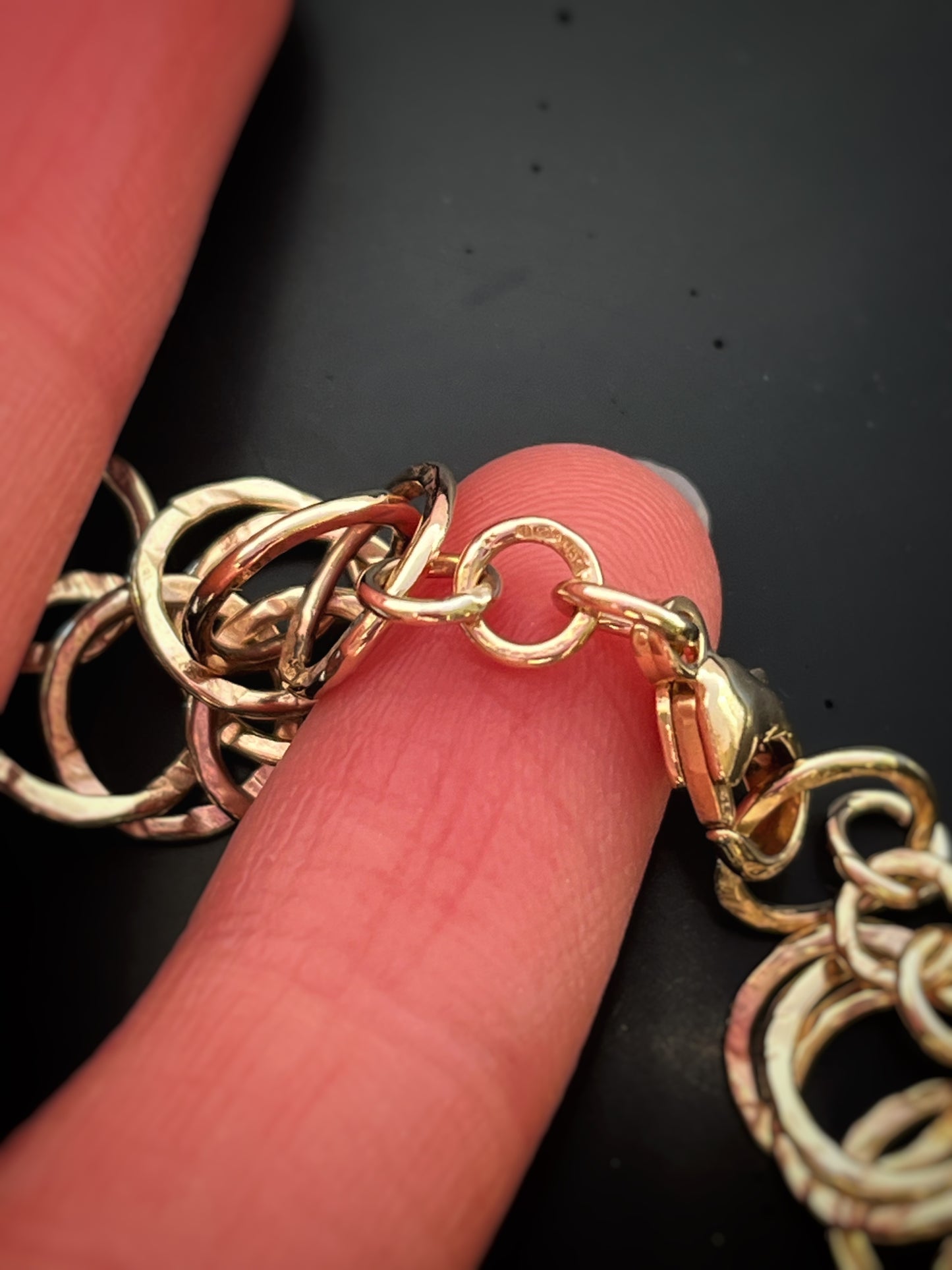 Solid 9ct recycled yellow gold, a hammered handmade hoop interlocking hoop tree bark texture necklace