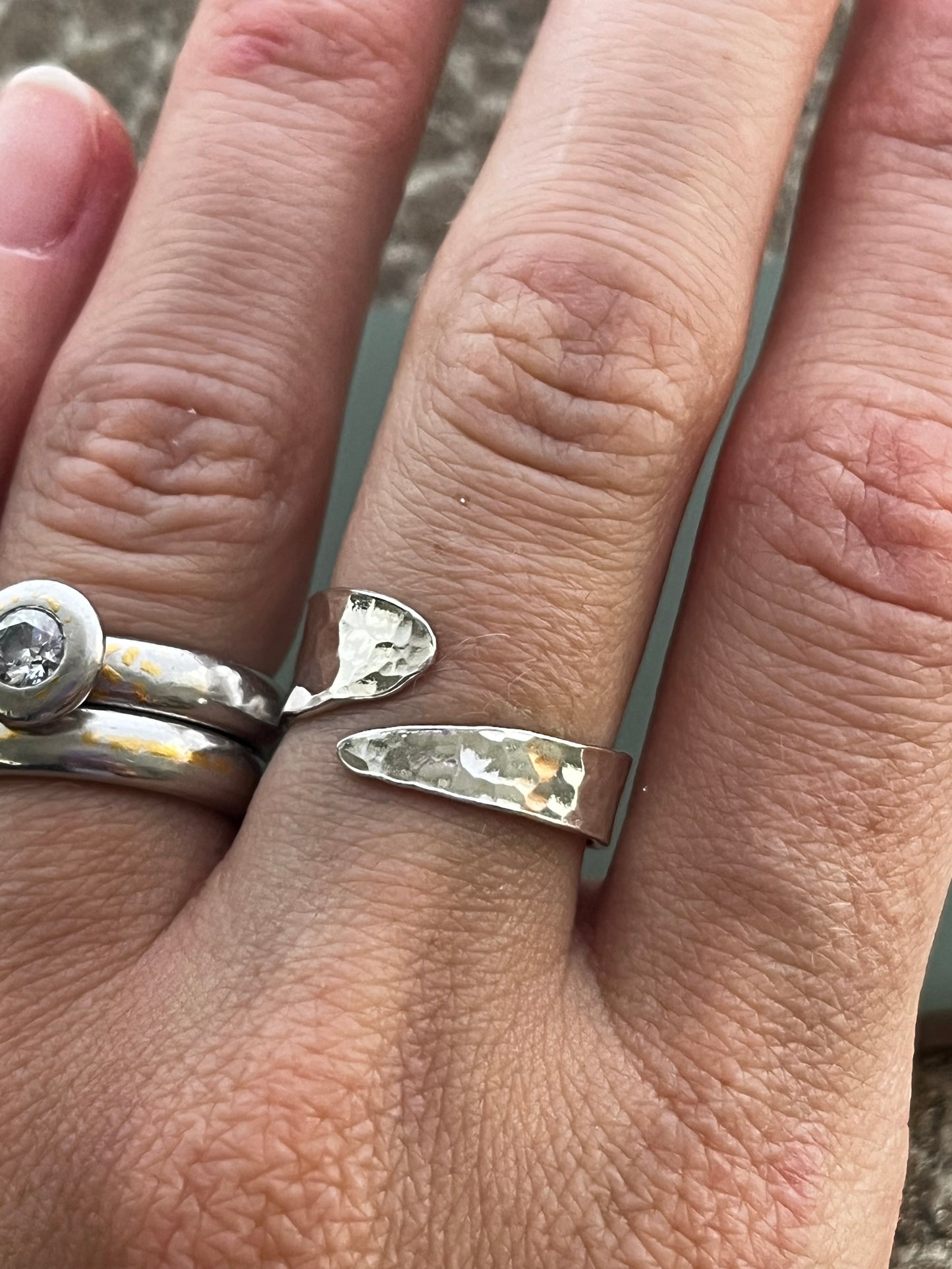 Hammered sterling silver cross over ring, adjustable size O