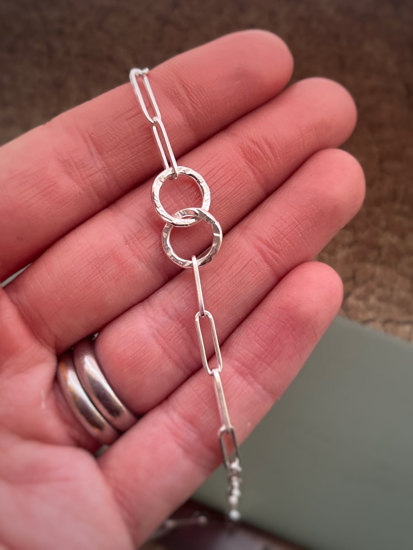 Textured hoop and paper clip link sterling silver necklace
