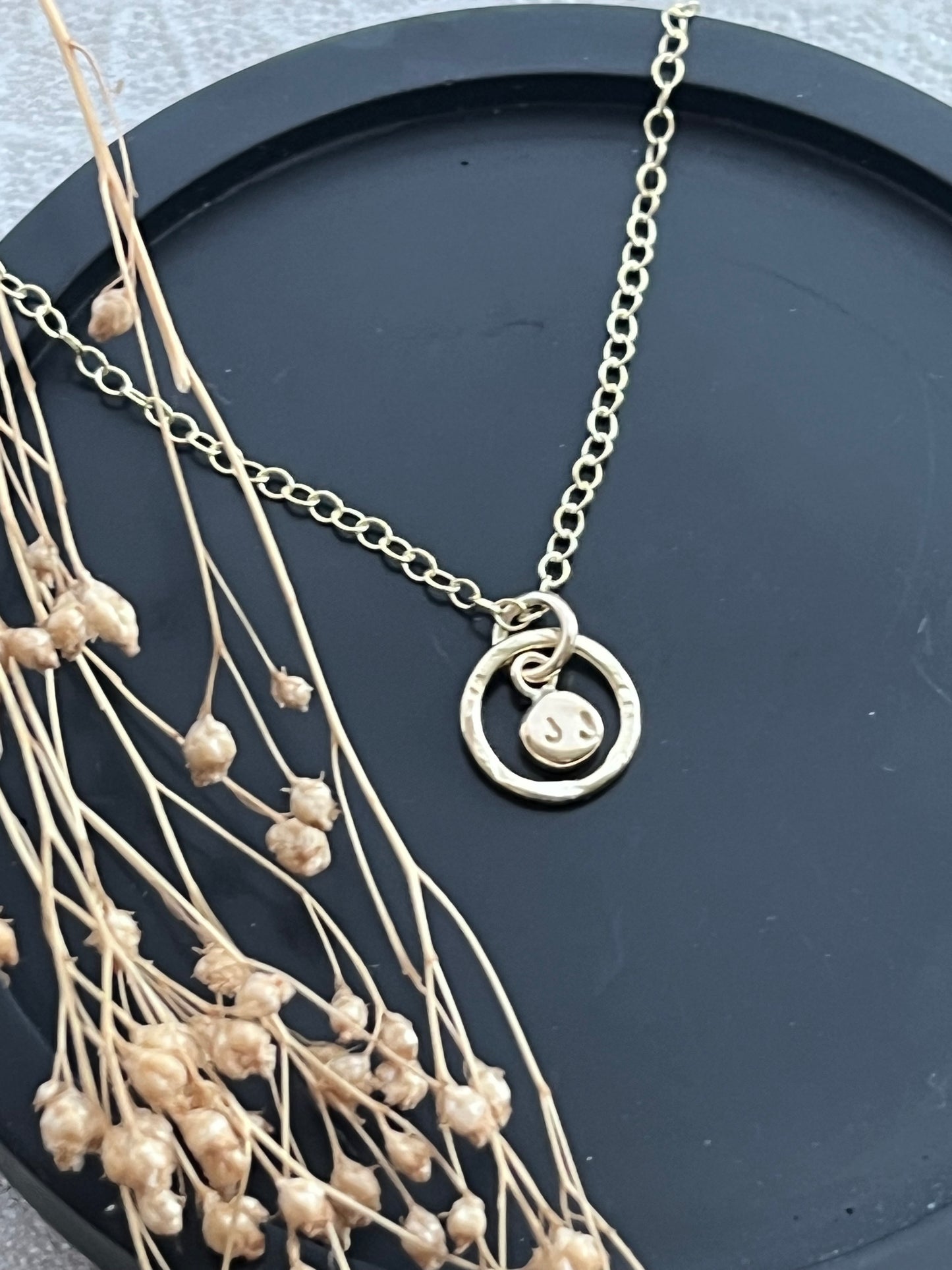 Solid 9ct gold tiny double letter pebble pendant, recycled personalised initial stacking handmade necklace
