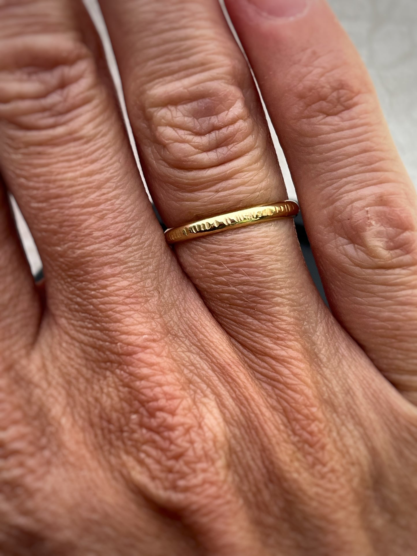 Solid 18ct yellow gold D section 2mm hammered tree bark textured hammered modern delicate recycled gold flat band ring