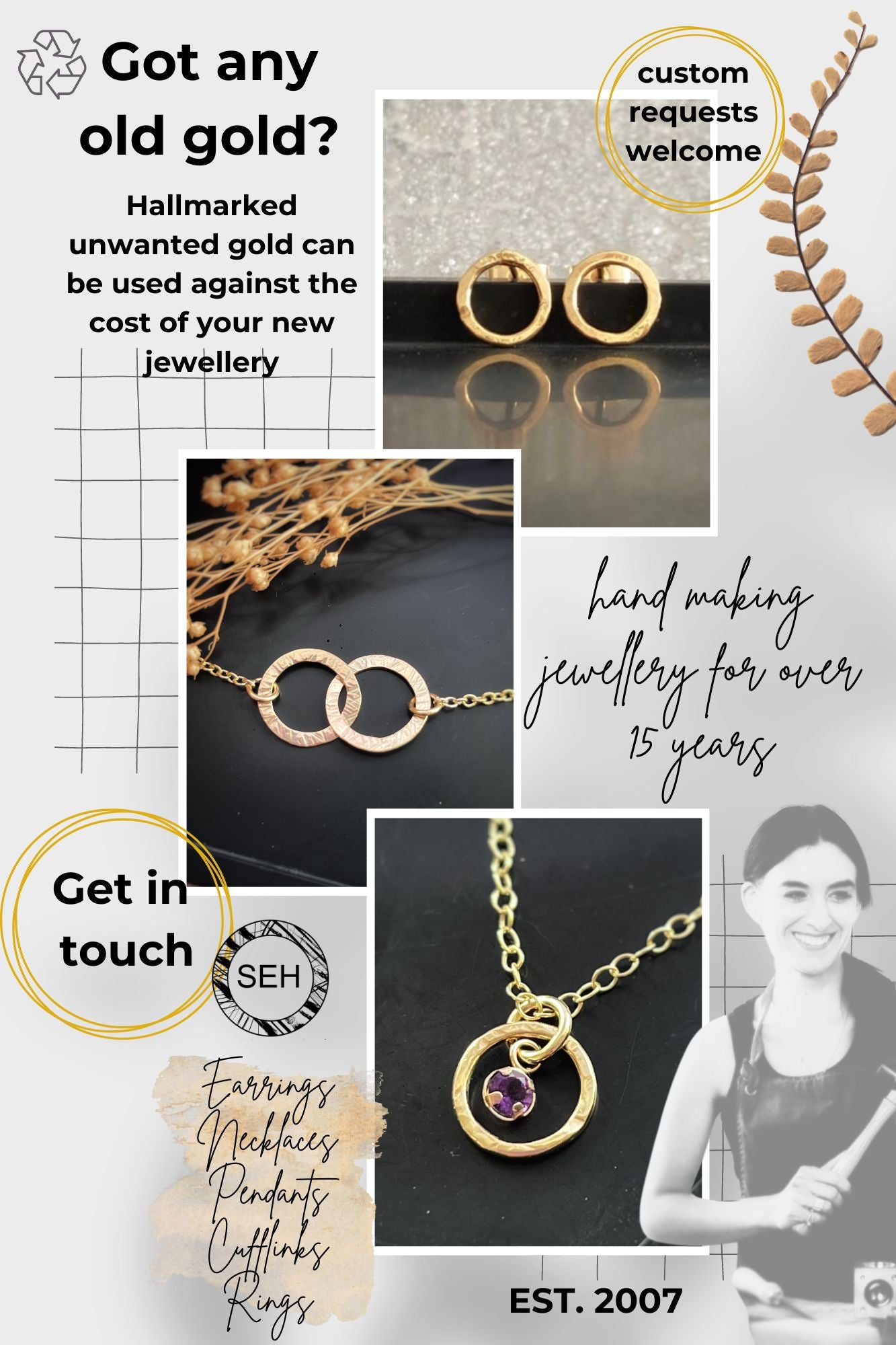 Solid 9ct gold interlocking 3 tiny circle hoop, hammered bracelet