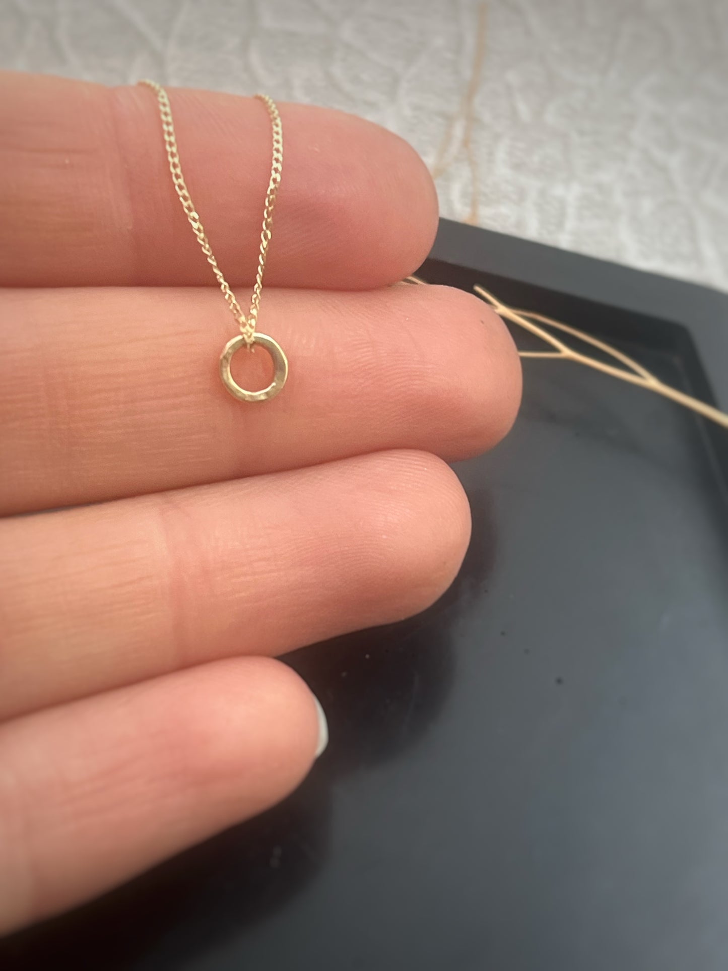 Solid 9ct yellow gold tiny 5mm hammered hoop pendant, recycled small simple tree bark stacking hoop