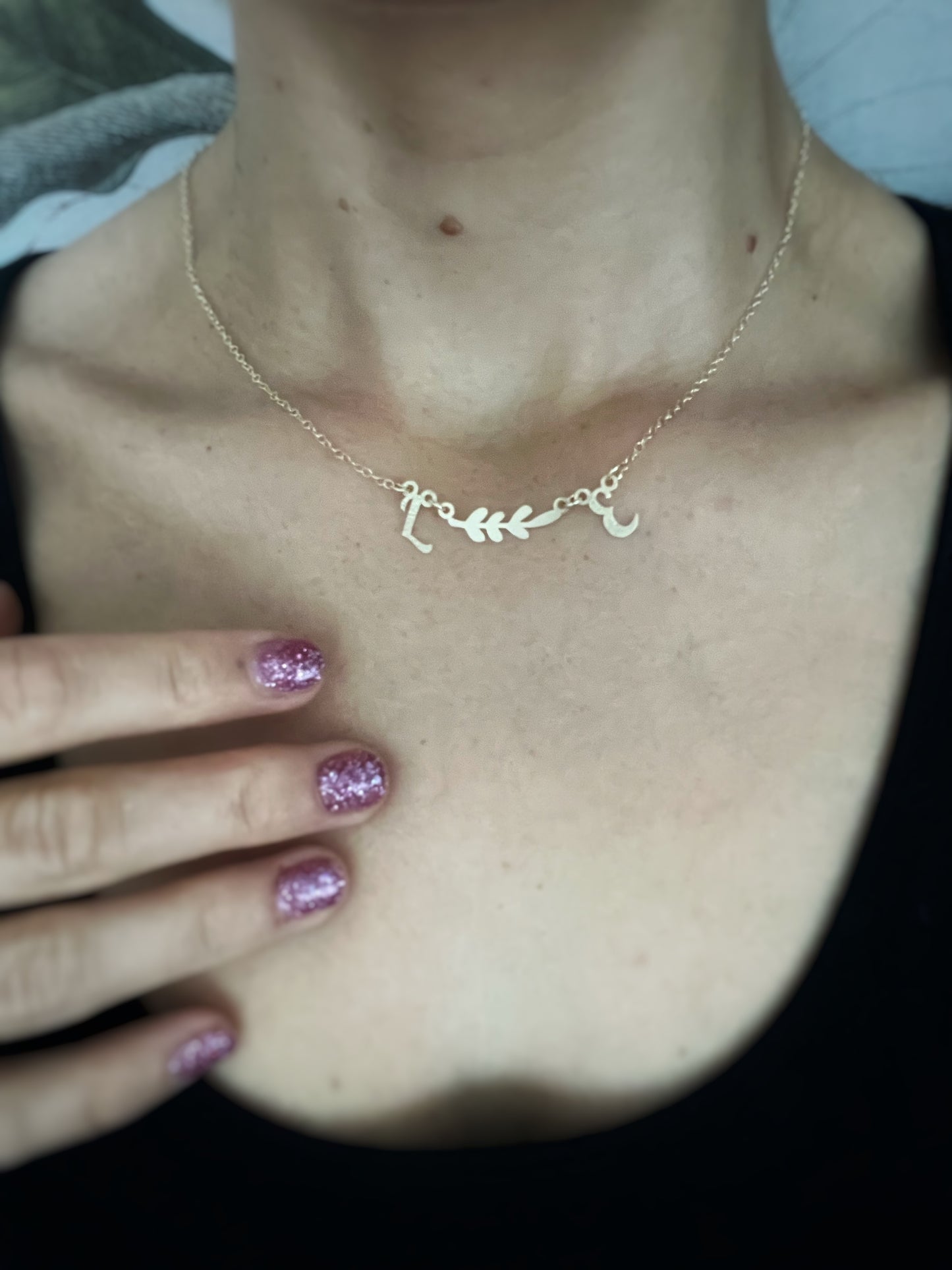 Solid 9ct gold double initial letter leaf branch necklace, a handmade hammered & textured recycled gold necklace