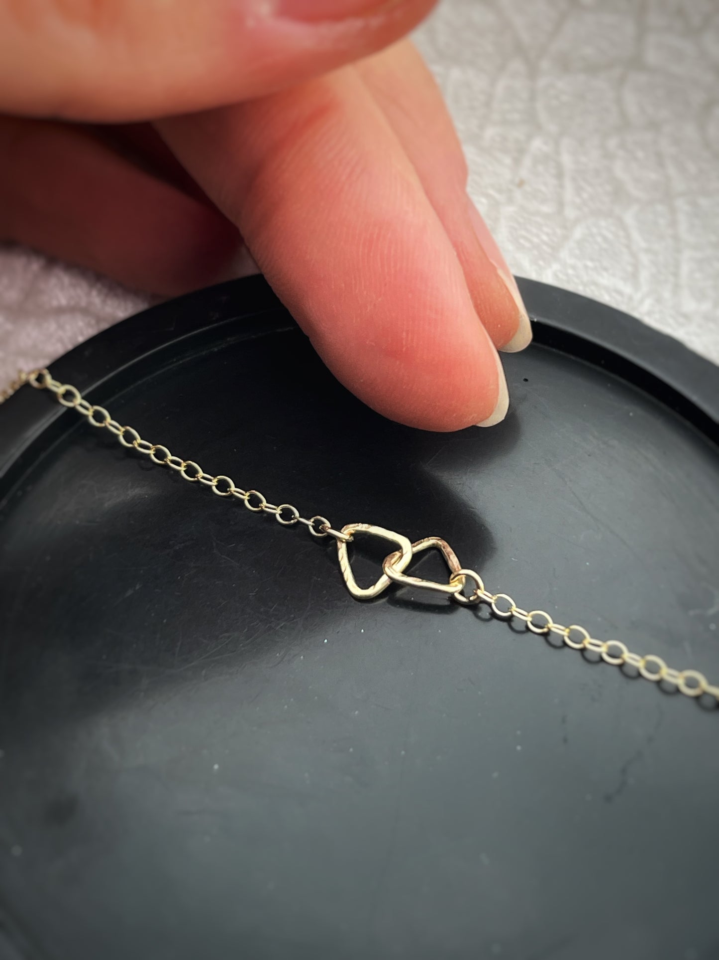 Solid 9ct gold triangle handmade hammered textured interlocking circle necklace