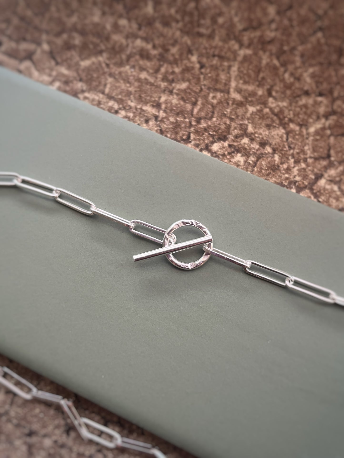 Textured hoop and paper clip link sterling silver necklace