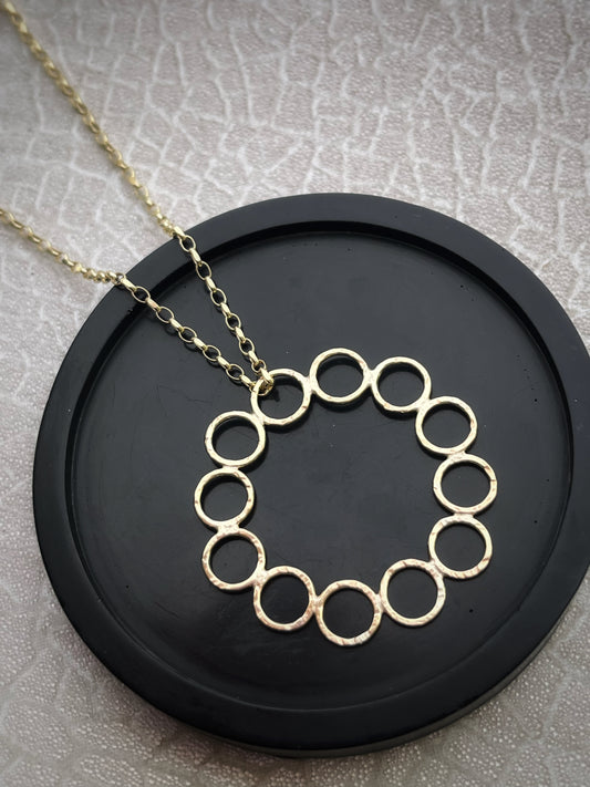 Solid 9ct gold 12 hoop statement circle pendant, a handmade hammered textured necklace