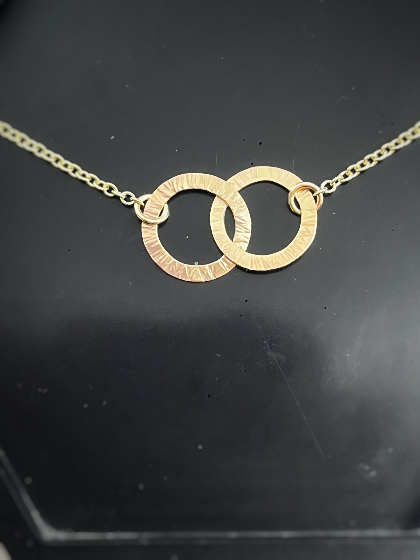 Solid 9ct gold large double interlocking circle hoop chunky chain, a handmade hammered textured necklace