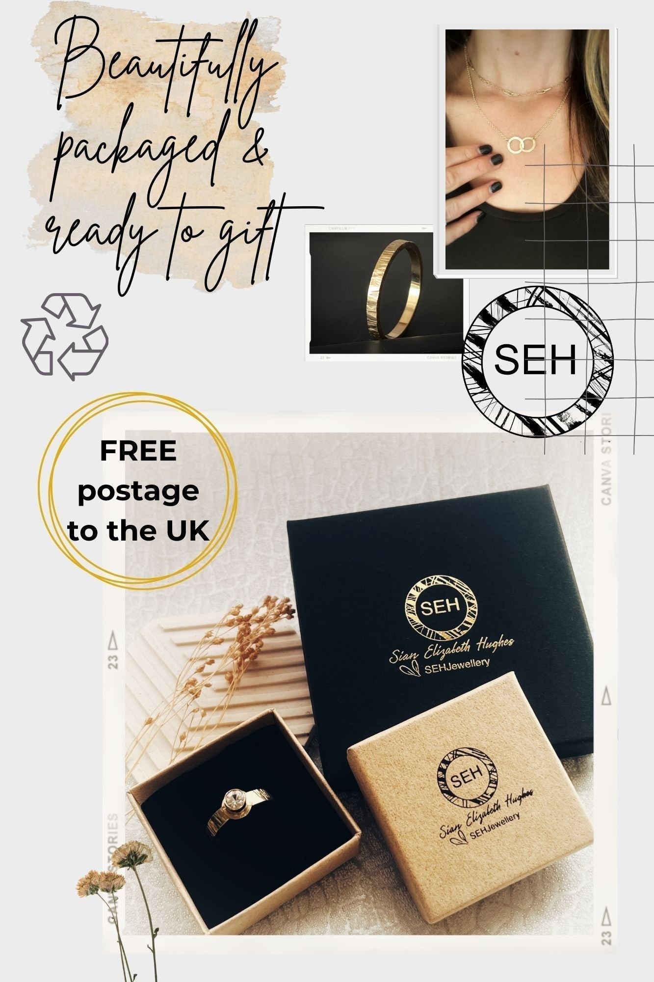 Solid 9ct gold, handmade hammered tree bark textured stacking bangle