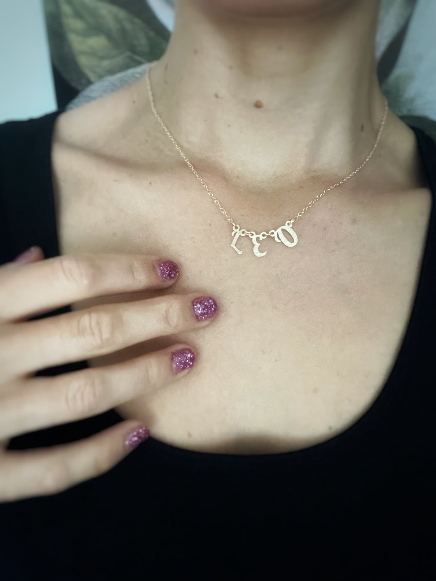 Solid 9ct gold tree bark textured hammered name necklace, initial letters on a chain