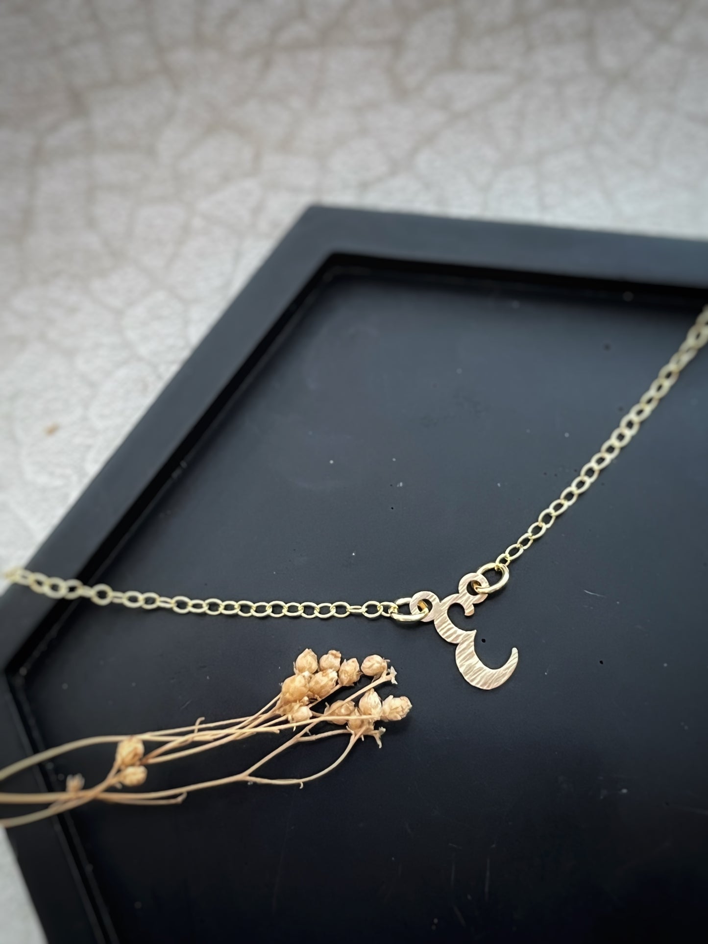 Solid 9ct gold personalised letter necklace, handmade hammered tree bark texture initial necklace inspired by nature on a solid gold chain