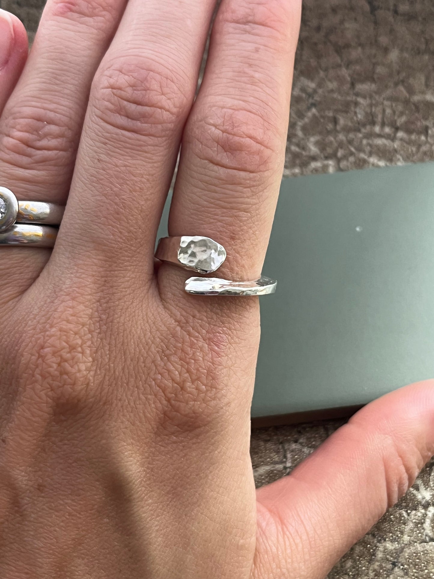 Hammered sterling silver chunky cross over ring Size P