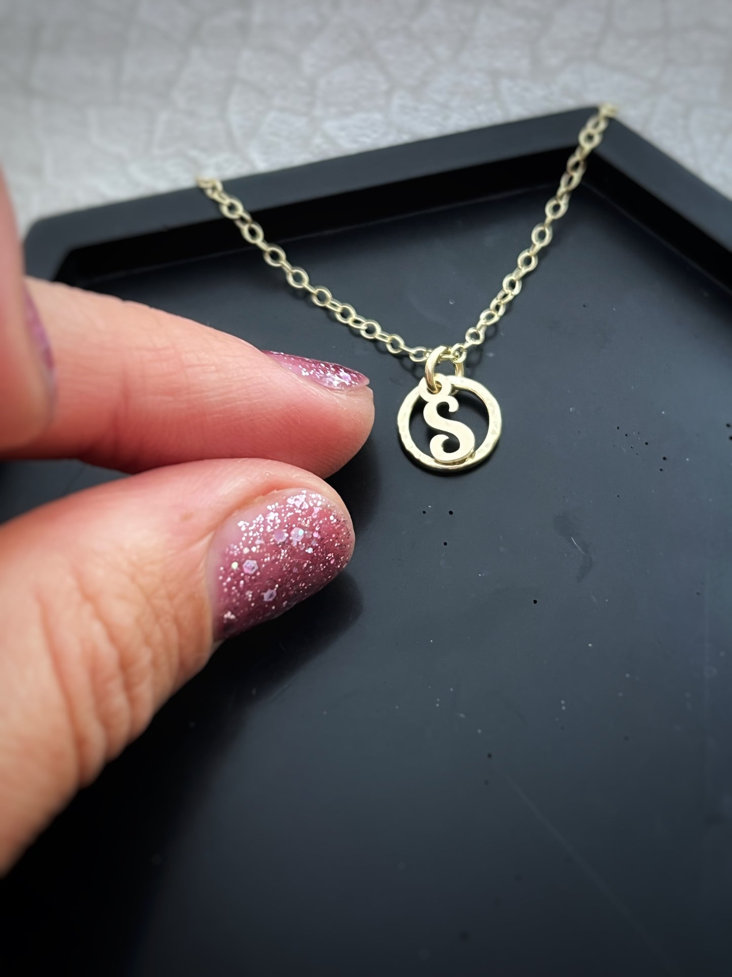 Solid 9ct gold personalised letter pendant in hammered hoop, handmade tree bark texture initial pendant inspired by nature on a solid gold chain