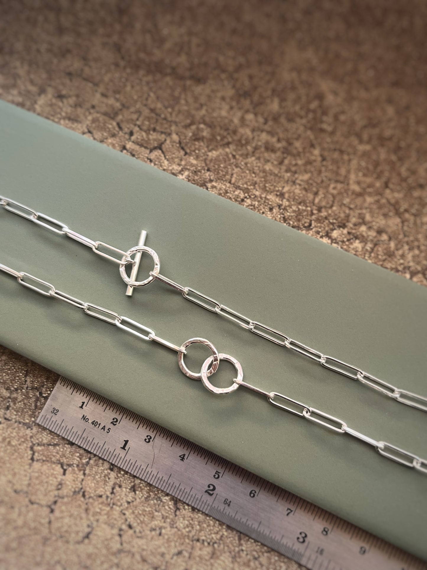 Textured hoop and paper clip link sterling silver necklace
