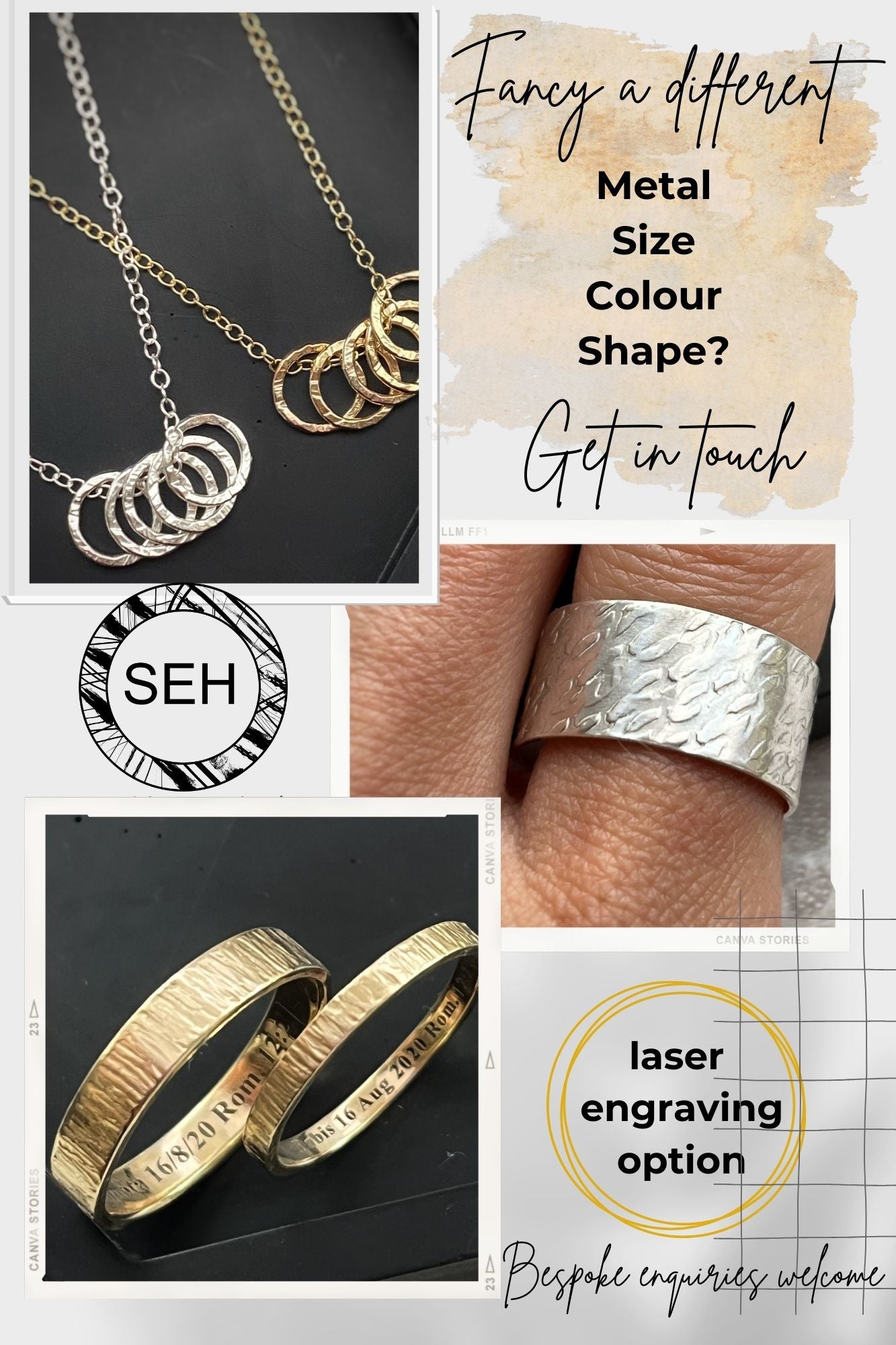 Solid gold 18ct hammered set of rings, 2 handmade delicate 2mm yellow & white gold pair of bands, modern simple stylish tree bark textured flat rings
