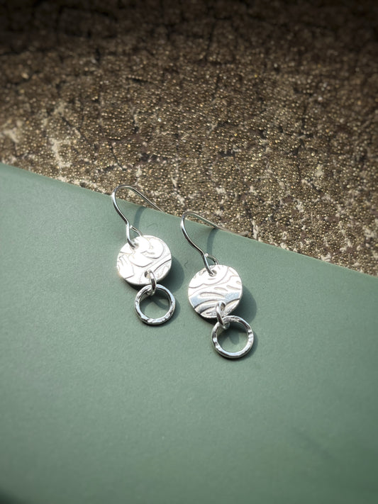 Floral 10mm disc & 7mm hoop sterling silver drop earrings