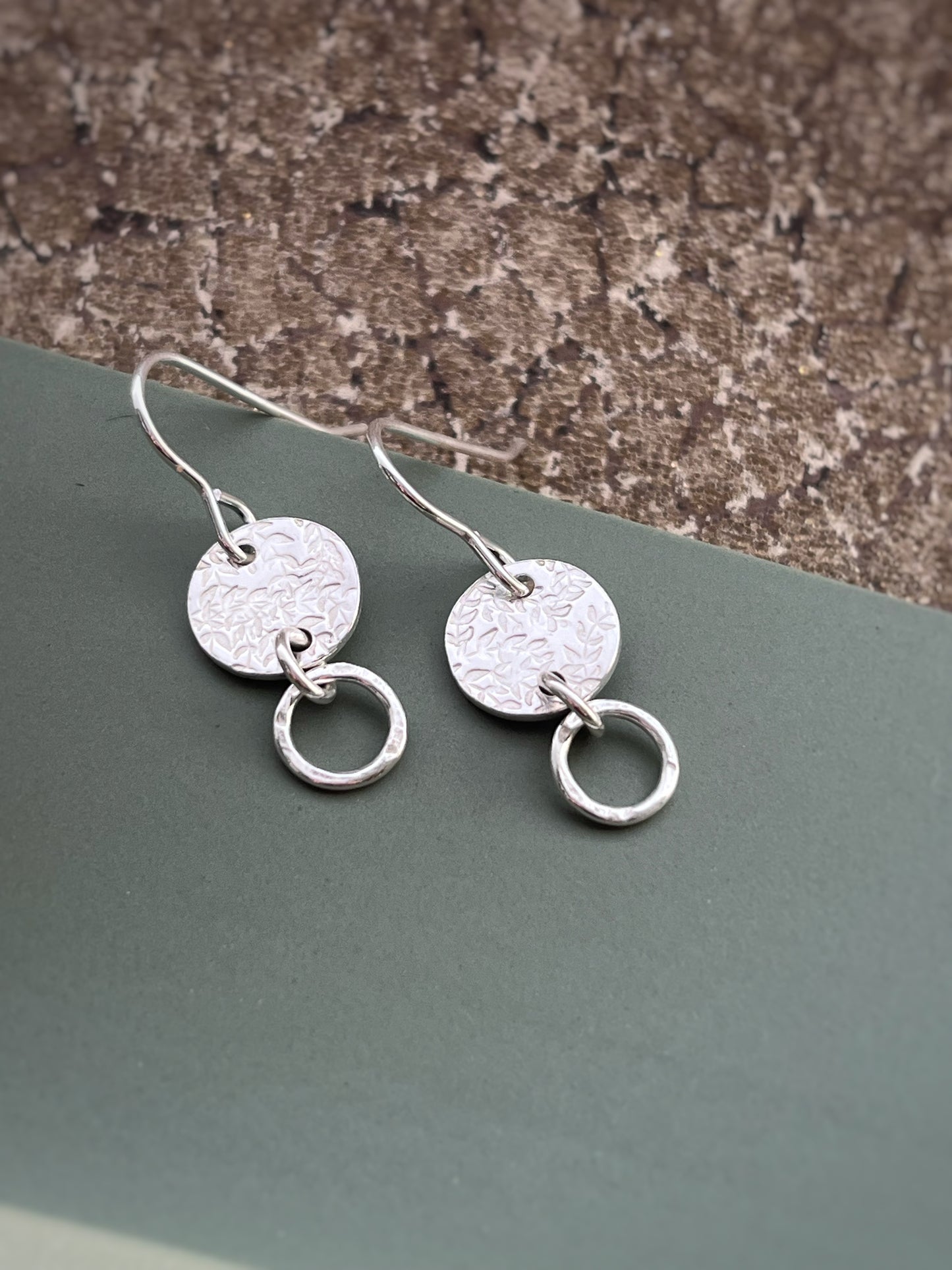 Leaf 10mm disc & 7mm hoop sterling silver drop earrings
