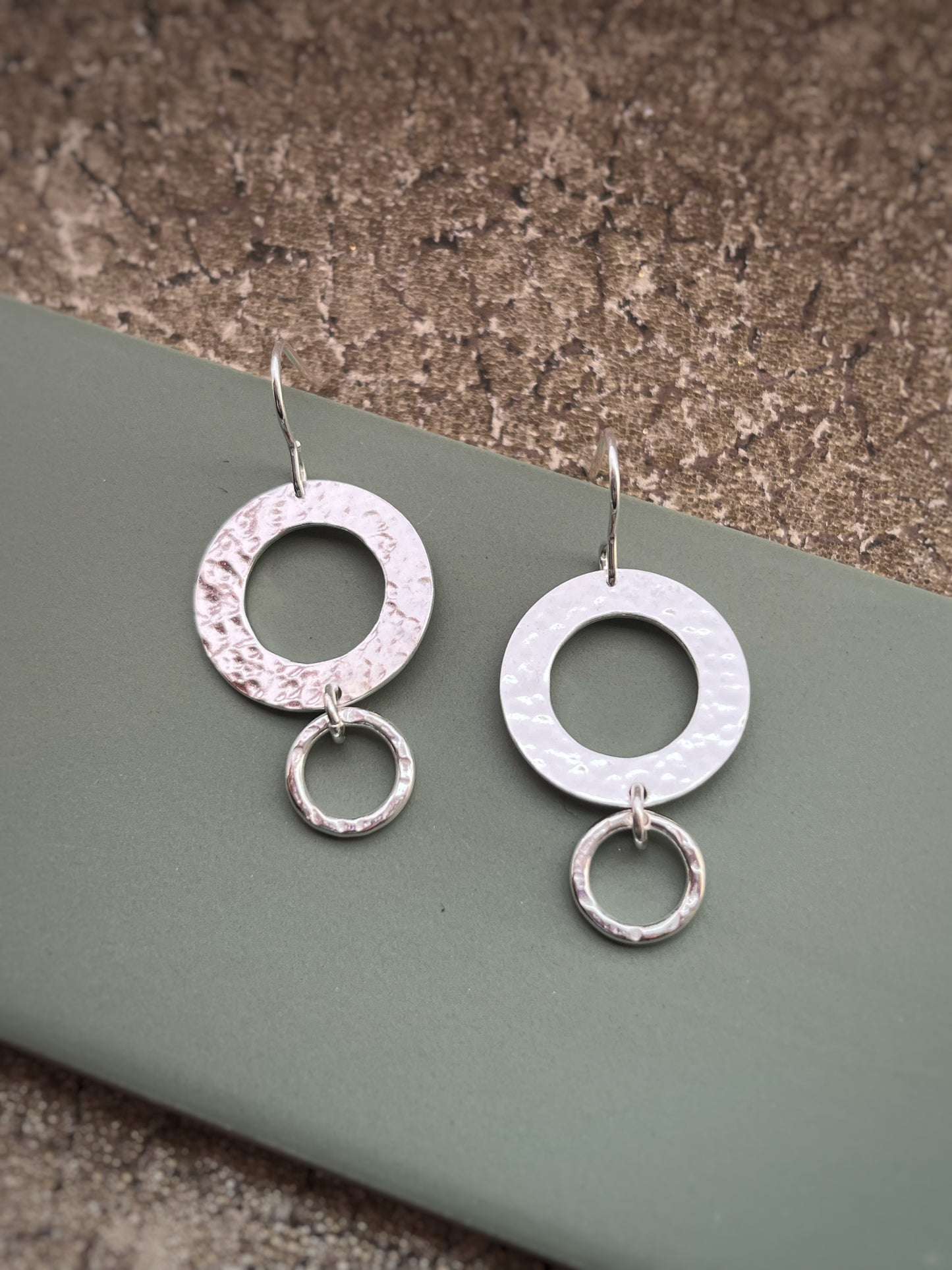 Hammered 20mm hoop disc & 10mm hoop sterling silver drop earrings