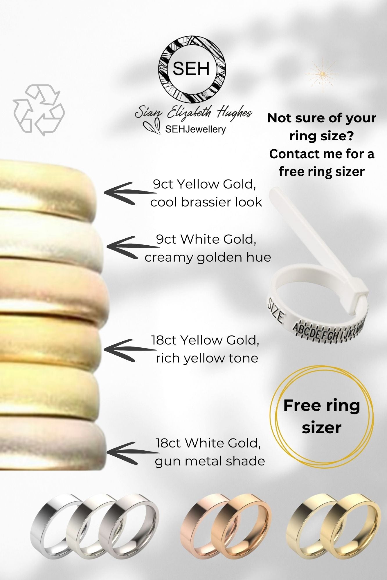 Solid 9ct yellow gold 2mm D section simple plain modern delicate recycled gold half round band ring