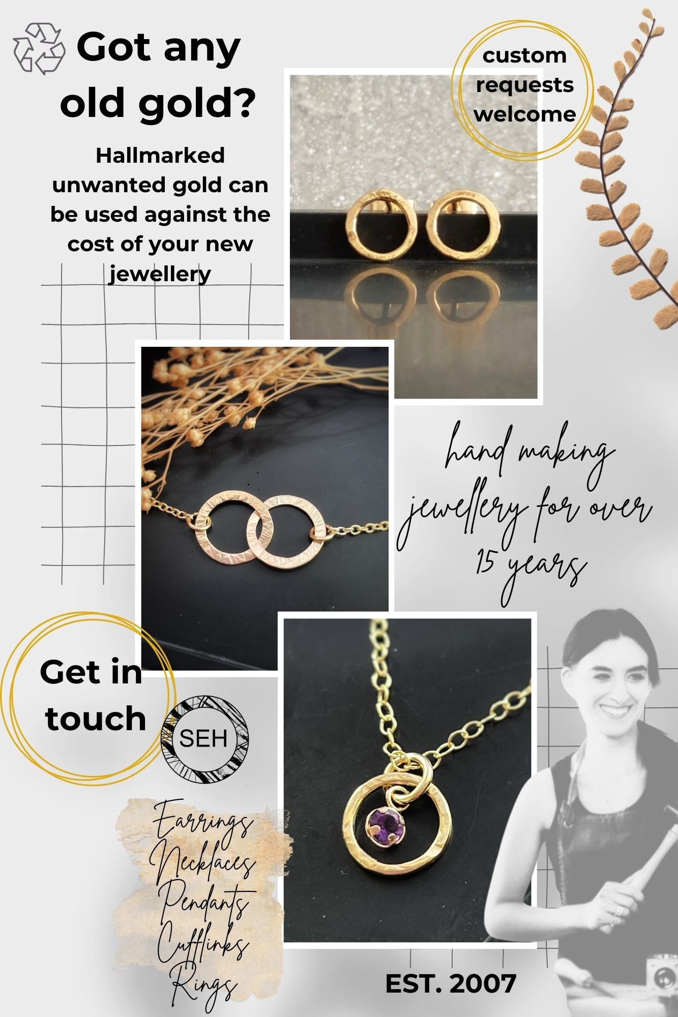 Solid 9ct gold interlocking 2 tiny circle hoop, hammered bracelet