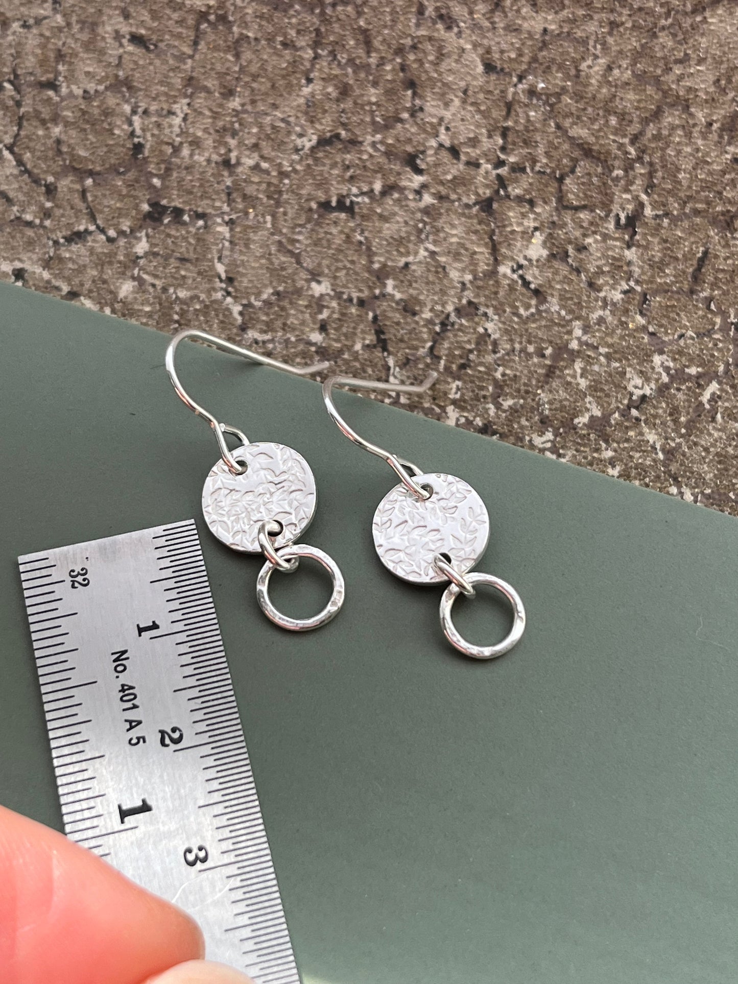 Leaf 10mm disc & 7mm hoop sterling silver drop earrings