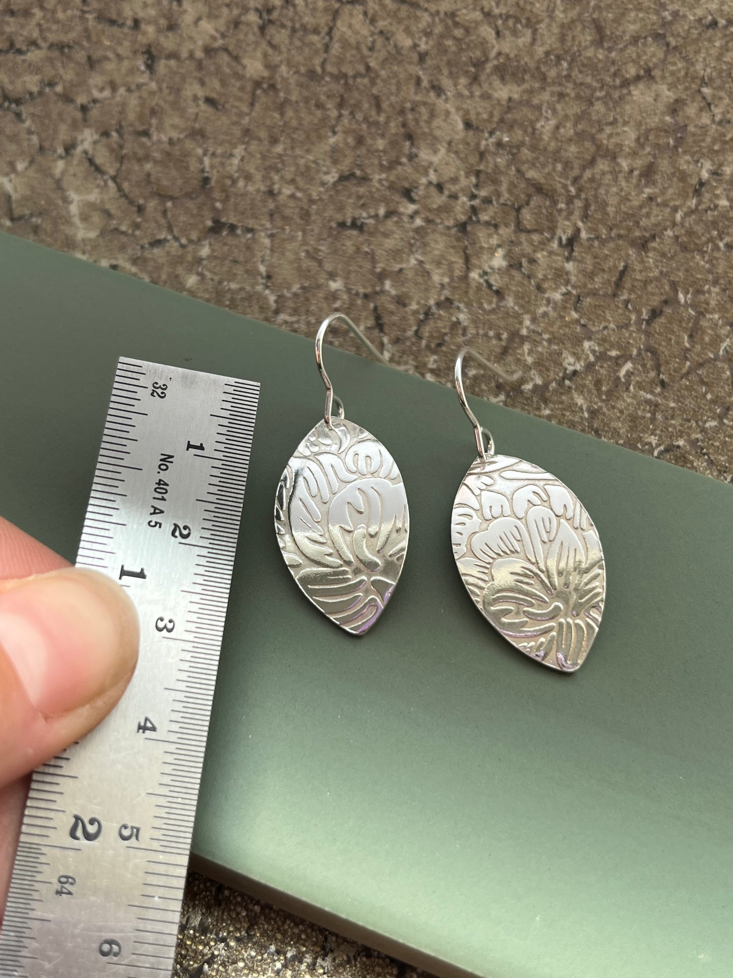 Floral leaf shape sterling silver 26mm x 15mm drop earrings