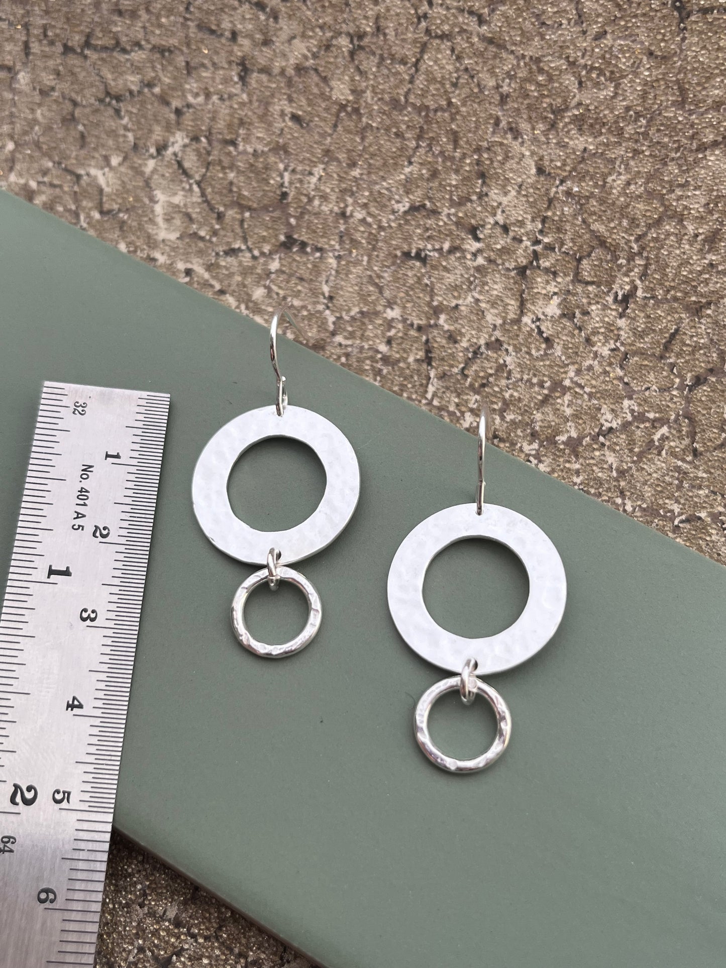 Hammered 20mm hoop disc & 10mm hoop sterling silver drop earrings