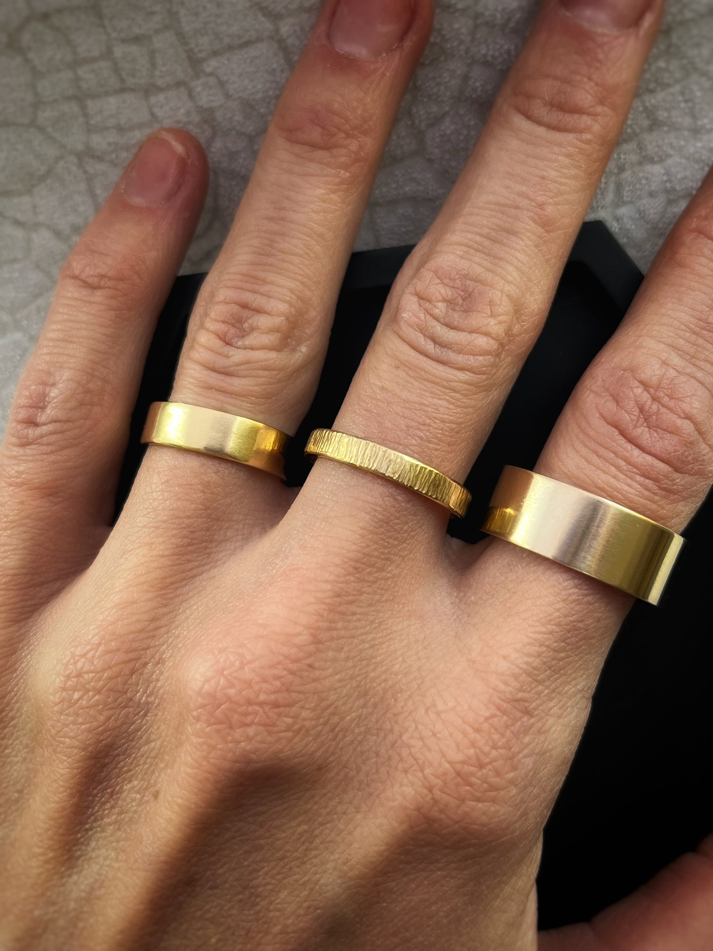Solid 9ct yellow gold 8mm easy fit flat outside, domed inside simple plain modern chunky heavy recycled gold band ring