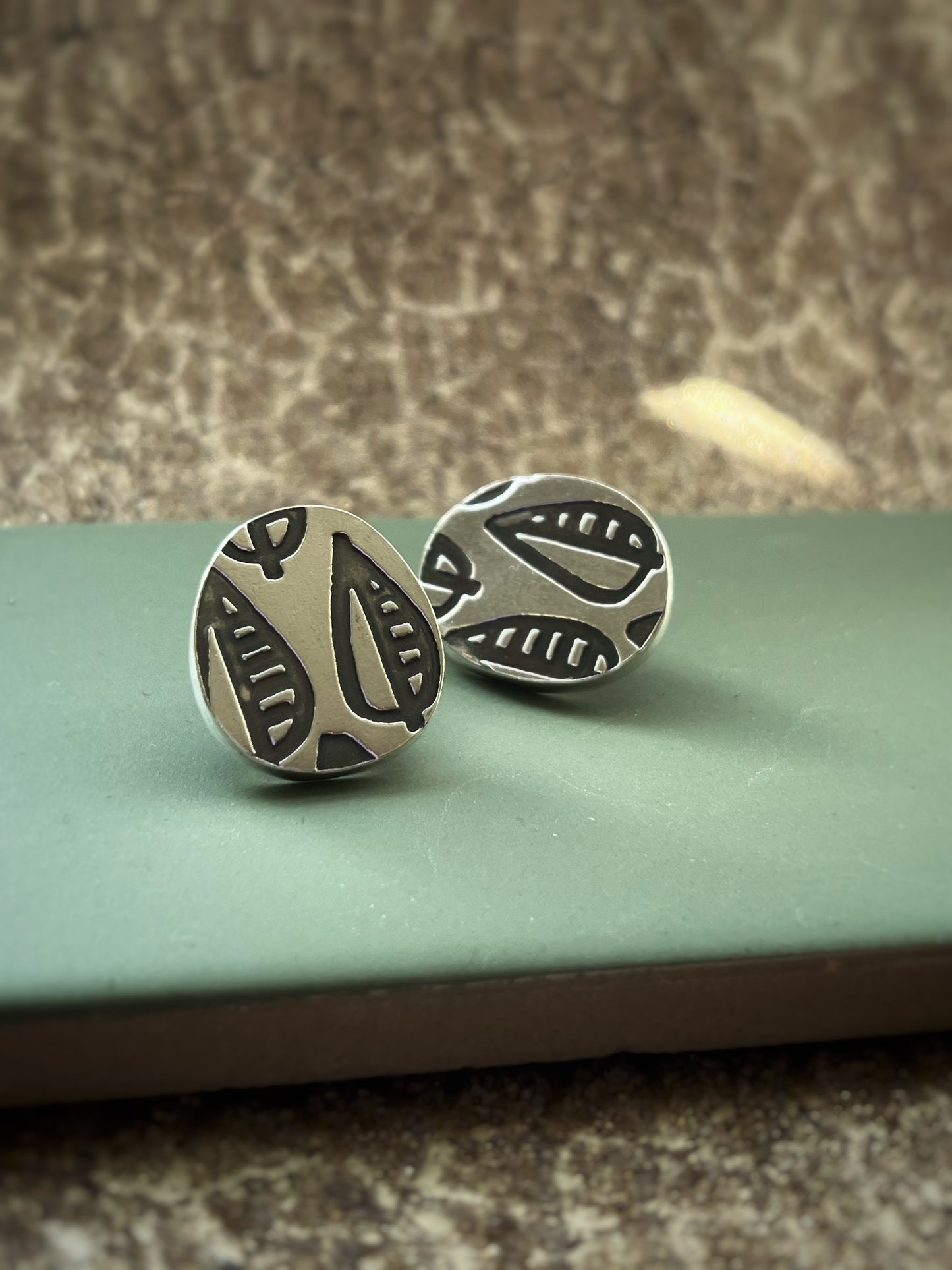 Leaf etched pattern sterling silver studs