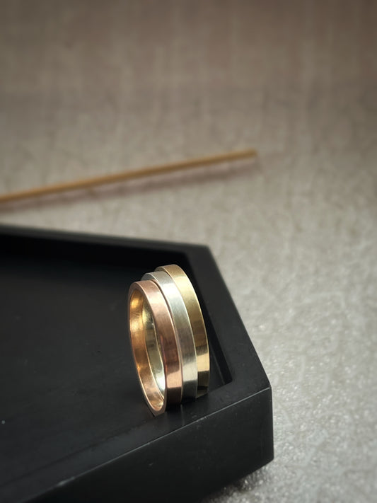 Solid gold trio 18ct Yellow, White & Rose gold simple plain modern set of rings, 3 handmade delicate 2mm flat bands