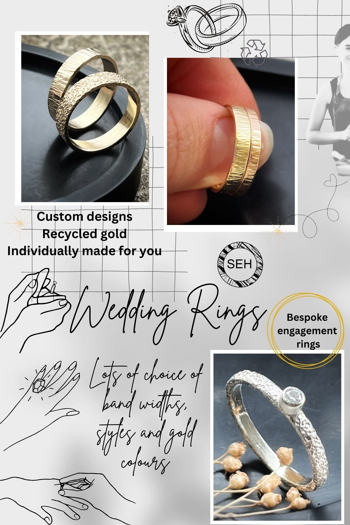 Solid 9ct Rose gold 2mm tree bark textured hammered delicate recycled gold flat band ring